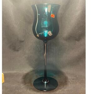Hand Blown Tall Stem Wine Glass, Peacock Blue 11in.